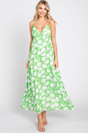 Green Floral Chiffon Deep V-Neck Sleeveless Maxi Dress