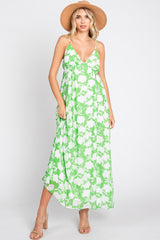 Green Floral Chiffon Deep V-Neck Sleeveless Maxi Dress