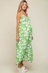 Green Floral Chiffon Deep V-Neck Sleeveless Maternity Maxi Dress