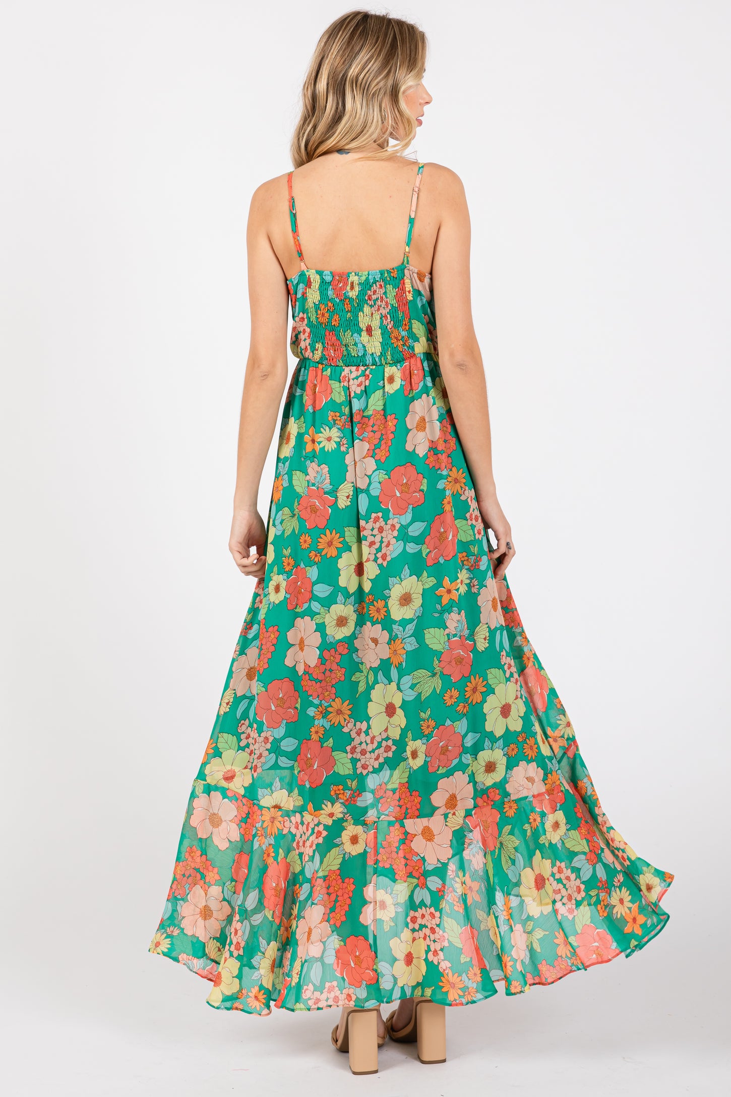 Green Floral Chiffon Ruffle Hi-low Sleeveless Midi Dress – Pinkblush