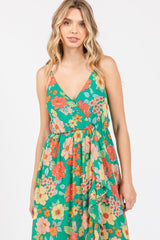 Green Floral Chiffon Ruffle Hi-Low Sleeveless Midi Dress