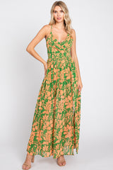 Green Floral Chiffon Pleated V-Neck Sleeveless Maxi Dress