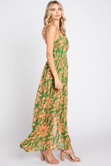 Green Floral Chiffon Pleated V-Neck Sleeveless Maxi Dress