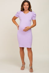 Lavender Solid Puff Sleeve Maternity Dress