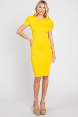 Yellow Solid Puff Sleeve Maternity Dress