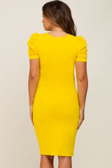 Yellow Solid Puff Sleeve Maternity Dress