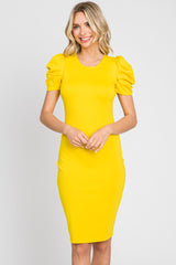 Yellow Solid Puff Sleeve Dress