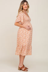 Peach Floral Smocked Maternity Midi Dress