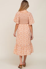 Peach Floral Smocked Maternity Midi Dress