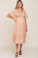 Peach Floral Smocked Maternity Midi Dress