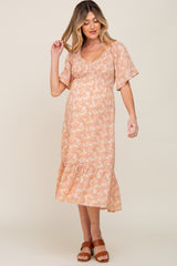 Peach Floral Smocked Maternity Midi Dress