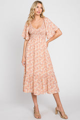 Peach Floral Smocked Maternity Midi Dress