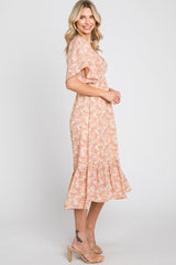 Peach Floral Smocked Midi Dress