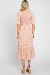 Peach Floral Smocked Midi Dress