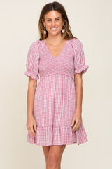 Mauve Plaid Smocked Puff Short Sleeve Dress