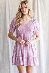 Mauve Plaid Smocked Puff Short Sleeve Dress