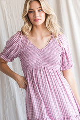 Mauve Plaid Smocked Puff Short Sleeve Dress