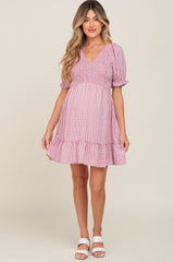 Mauve Plaid Smocked Puff Short Sleeve Maternity Dress