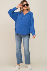 Blue Button-Down Raw Hem Maternity Blouse