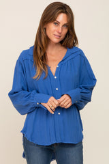 Blue Button-Down Raw Hem Maternity Blouse