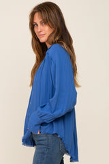 Blue Button-Down Raw Hem Blouse