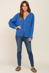 Blue Button-Down Raw Hem Blouse