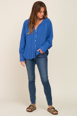 Blue Button-Down Raw Hem Blouse