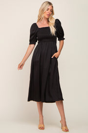 Black Satin Puff Sleeve Midi Dress