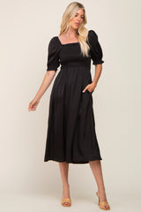 Black Satin Puff Sleeve Maternity Midi Dress