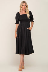 Black Satin Puff Sleeve Midi Dress