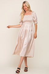 Cream Satin Puff Sleeve Midi Dress