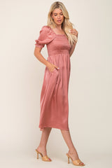 Pink Satin Puff Sleeve Midi Dress