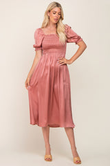 Pink Satin Puff Sleeve Midi Dress