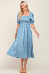 Blue Satin Puff Sleeve Midi Dress