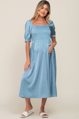 Blue Satin Puff Sleeve Maternity Midi Dress