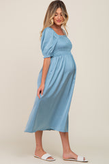 Blue Satin Puff Sleeve Maternity Midi Dress