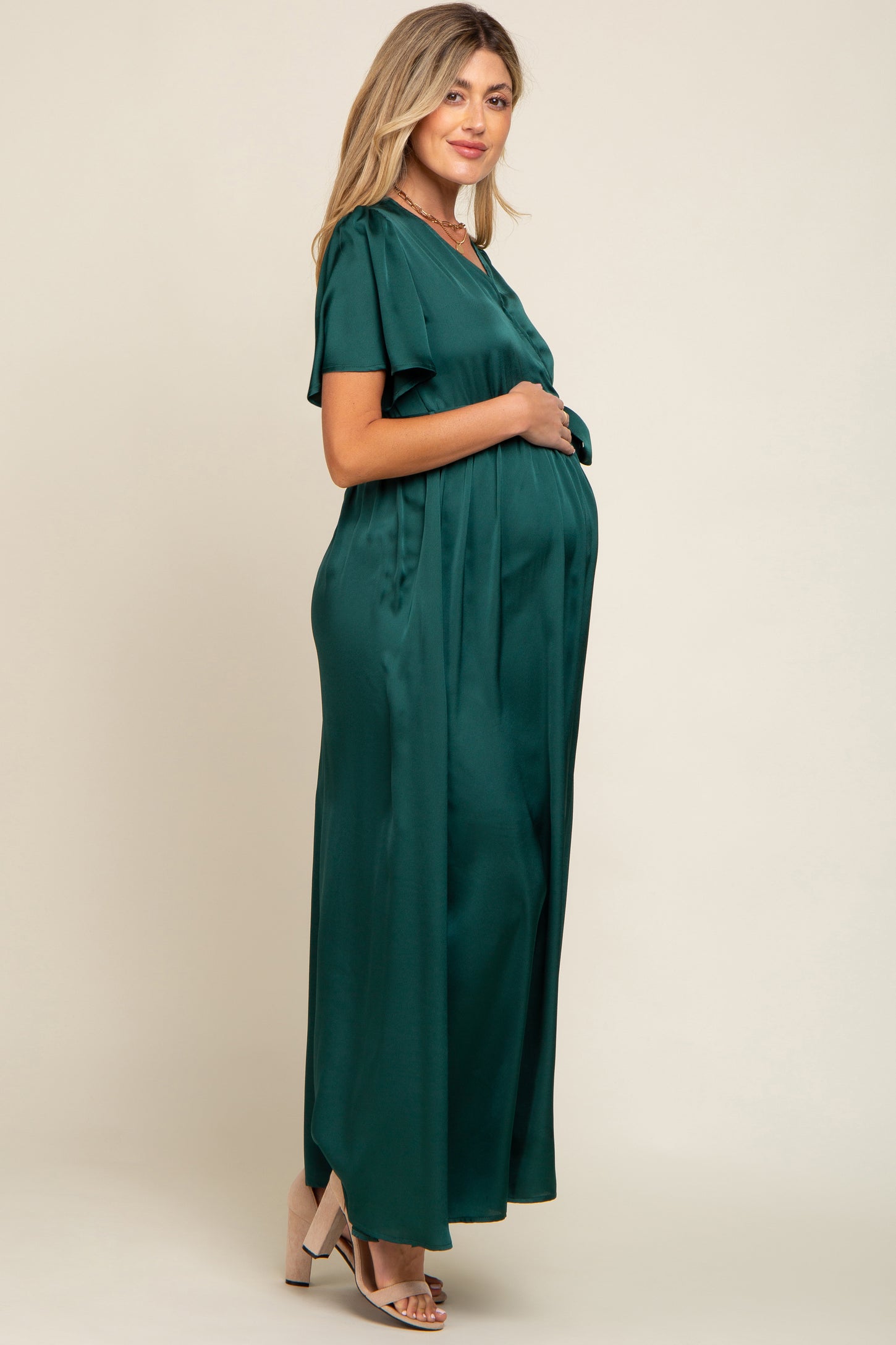 Green Side Slit Satin Maternity Maxi Dress– PinkBlush