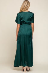 Green Satin Wrap Front V-Neck Short Sleeve Side Slit Maternity Maxi Dress