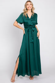 Green Satin Wrap Front V-Neck Short Sleeve Side Slit Maxi Dress