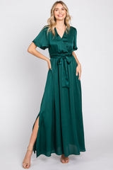 Green Satin Wrap Front V-Neck Short Sleeve Side Slit Maternity Maxi Dress