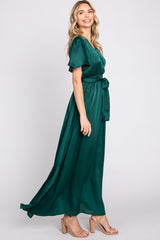 Green Satin Wrap Front V-Neck Short Sleeve Side Slit Maxi Dress