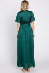 Green Satin Wrap Front V-Neck Short Sleeve Side Slit Maxi Dress