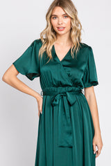 Green Satin Wrap Front V-Neck Short Sleeve Side Slit Maxi Dress