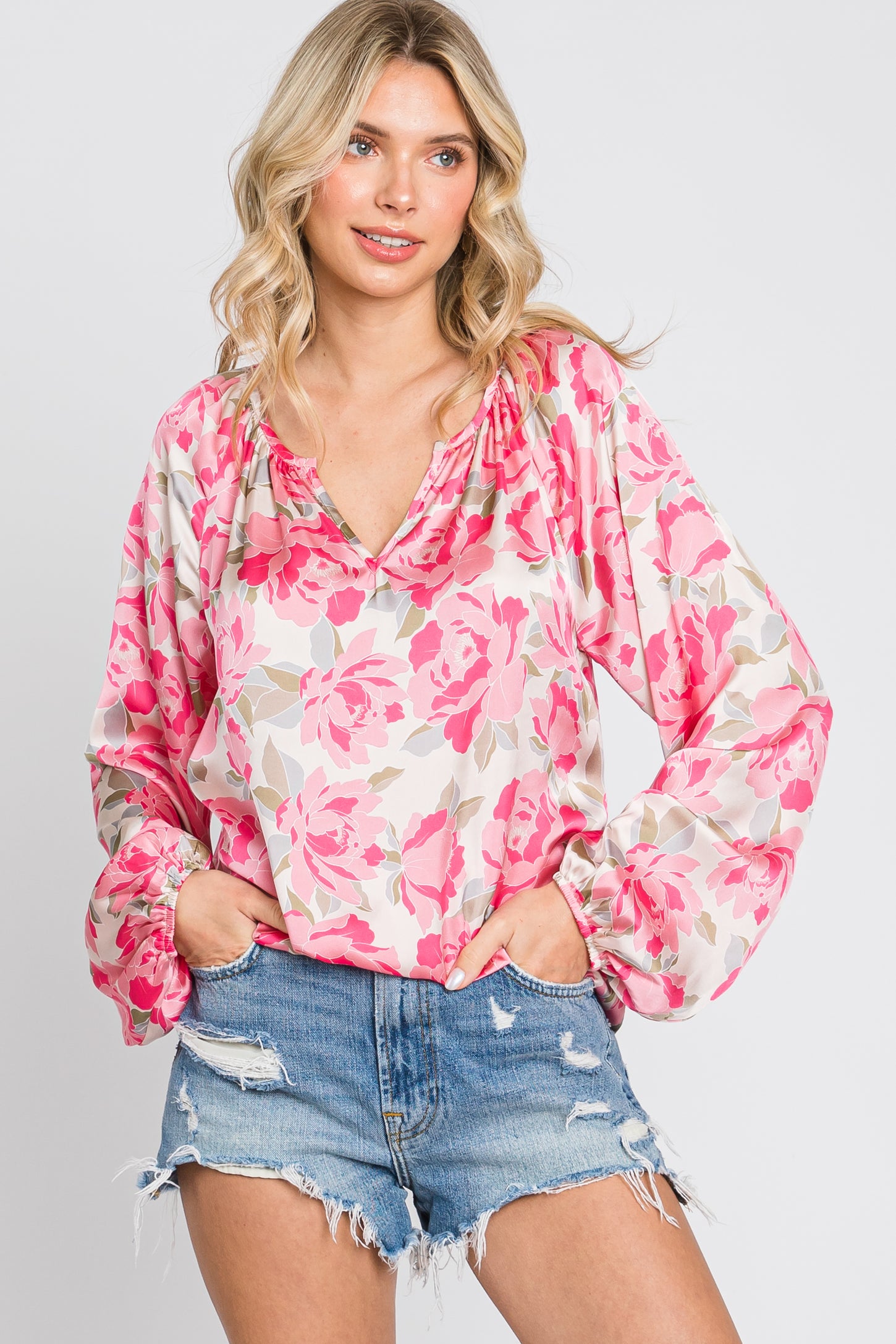 Beige Floral Satin Long Sleeve Top – PinkBlush