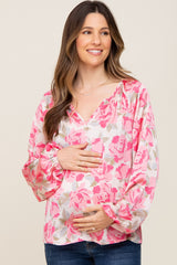 Beige Floral Satin Long Sleeve Maternity Top