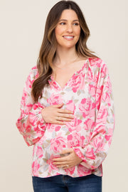 Beige Floral Satin Long Sleeve Maternity Top