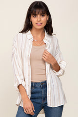 Ivory Mocha Striped Linen Button Down Shirt