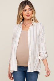 Ivory Mocha Striped Maternity Linen Button Down Shirt