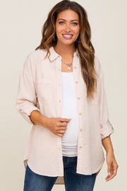 Beige Button Down Maternity Top