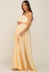 Yellow Floral Sleeveless Maternity Maxi Dress